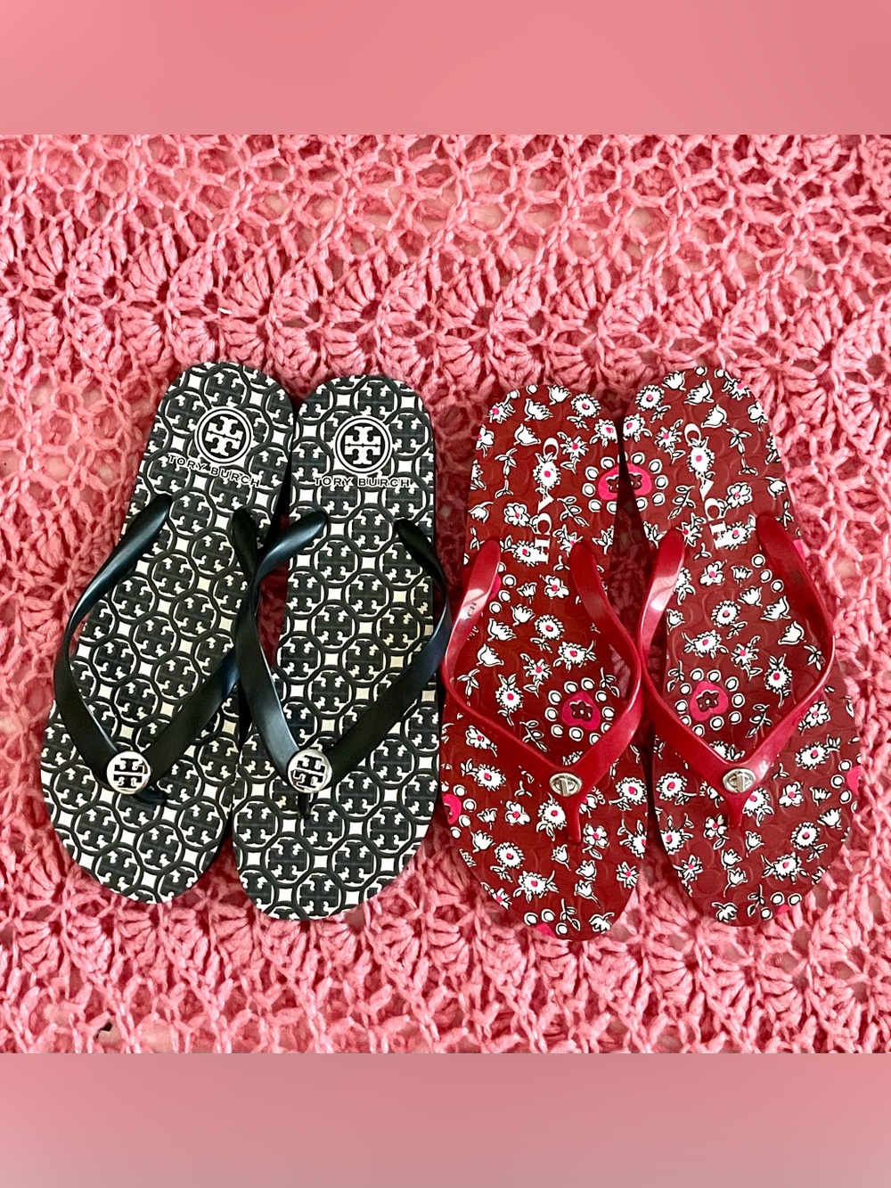 Tory Burch / Coach 2 pairs brand new  Black Logo & Red Floral Flip Flops